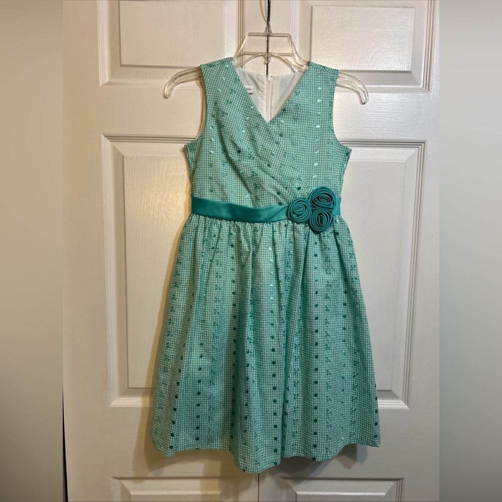 Bonnie Jean Dress Size 12 Green White Checkered Eyelet Belted Lined